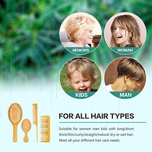 Wooden brushes and combs for all hair types with images of seniors, women, kids, and men.