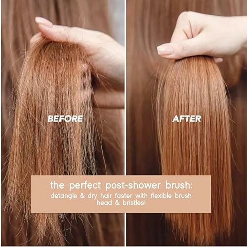 Comparison of tangled and smooth hair using a detangling brush.