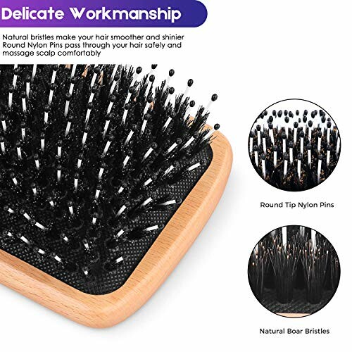 Close-up of hairbrush with round tip nylon pins and natural boar bristles