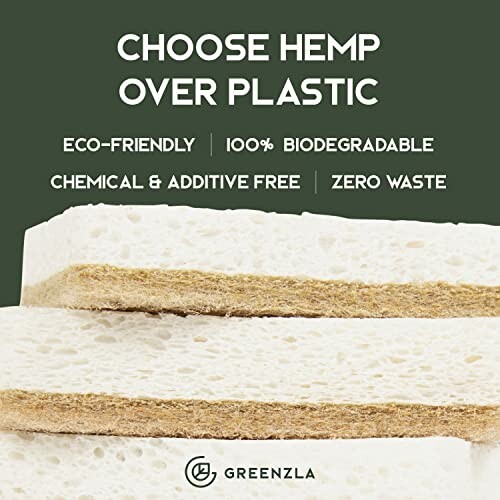 Hemp sponge advertisement promoting eco-friendly, biodegradable, chemical-free, zero waste benefits.