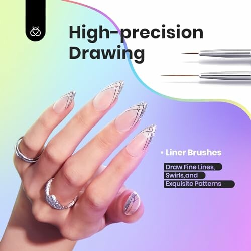 Hand with nail art using high-precision liner brushes.