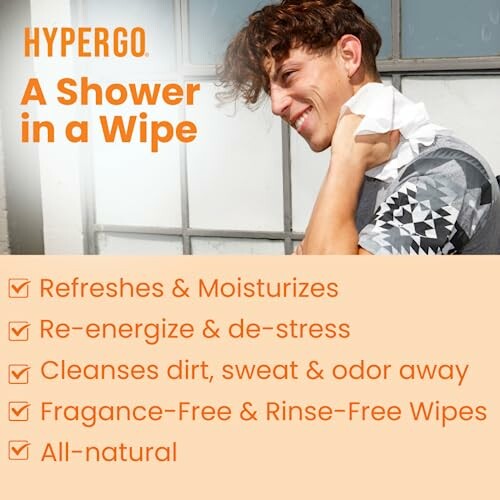 Man using Hypergo shower wipe with product benefits listed.