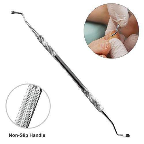 Stainless steel ingrown toenail lifter with non-slip handle.