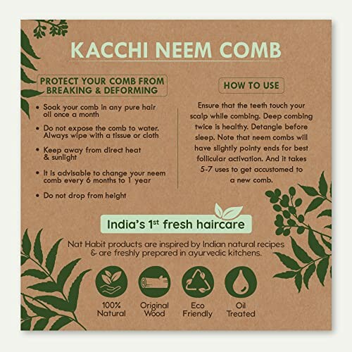 Kacchi Neem Comb care instructions on a brown background with green leaf designs.