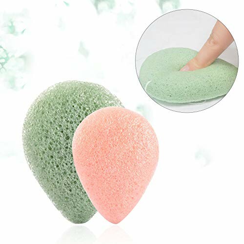 Green and pink konjac facial cleansing sponges with finger pressing one sponge.