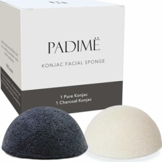 Konjac facial sponge set with pure and charcoal sponges and packaging.