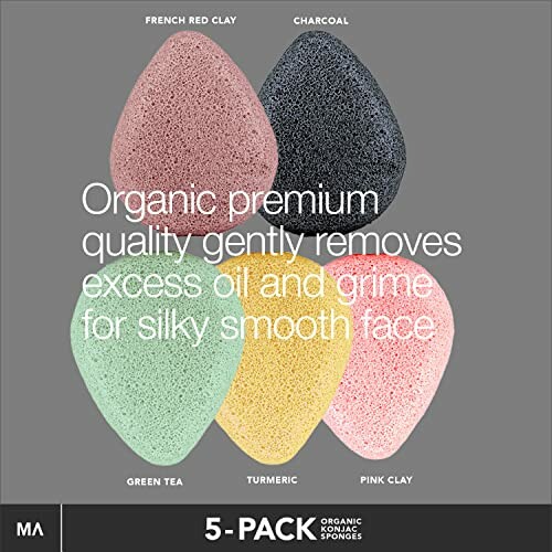 Pack of five konjac facial sponges with different natural ingredients.