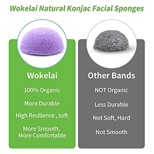 Comparison of Wokelai natural konjac facial sponges with other brands, highlighting organic and durable features.