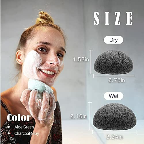 Woman using a konjac sponge for facial cleaning, showing dry and wet sizes.