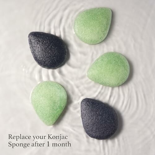 Five konjac sponges in green and black on water surface.