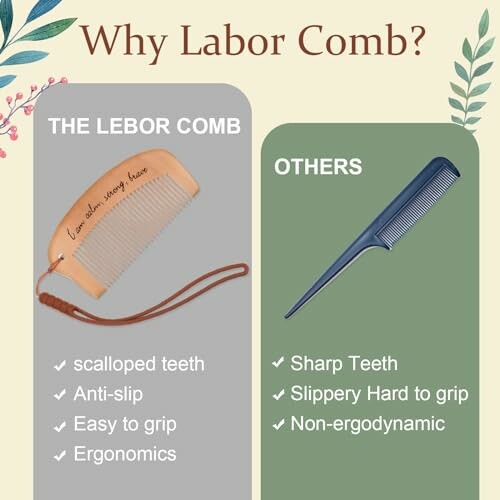 Comparison between Labor Comb and others highlighting features like scalloped teeth and ergonomics.