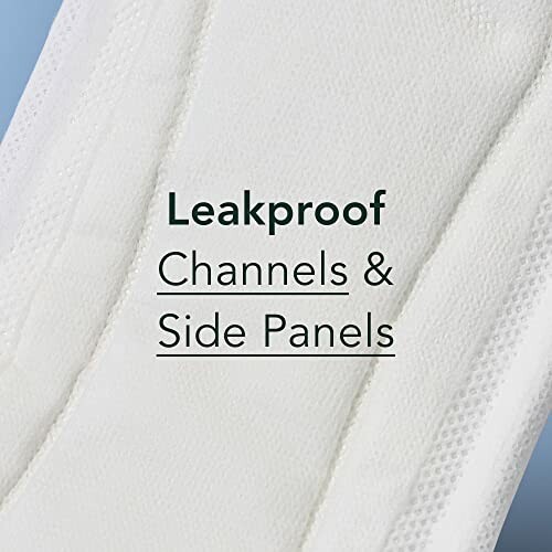 Close-up of a sanitary pad with text 'Leakproof Channels & Side Panels'.