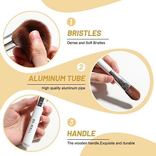 Diagram showing parts of a makeup brush: bristles, aluminum tube, and handle.