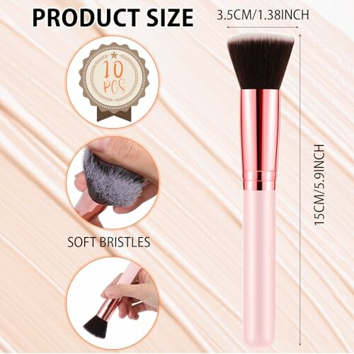 Makeup brush with soft bristles and product size details.