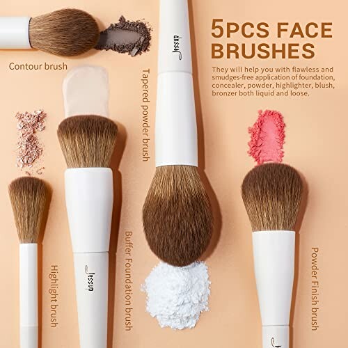 Set of 5 face brushes with makeup powder and text labels.