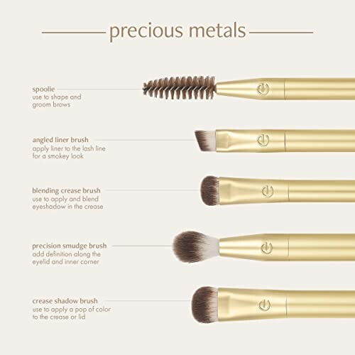 Set of makeup brushes labeled for different uses, including spoolie, angled liner, blending crease, precision smudge, and crease shadow.