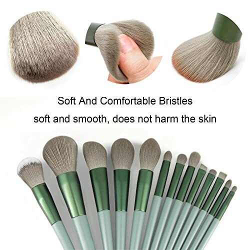 Set of makeup brushes with soft bristles, featuring close-up and full set views.