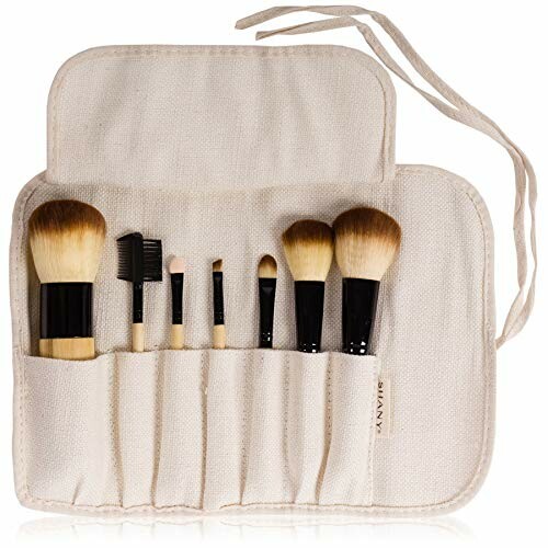 Set of makeup brushes in a fabric holder