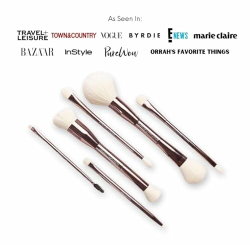 Set of makeup brushes with brand logos in background