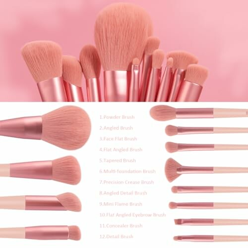 Set of various makeup brushes with pink handles and soft bristles.