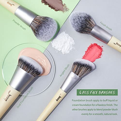 Set of four makeup brushes with powder and blush