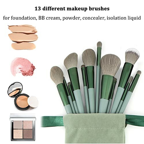 Set of 13 makeup brushes with cosmetics samples.