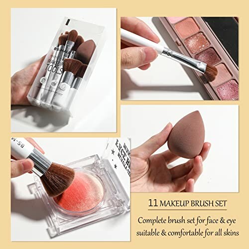 Makeup brush set and blending sponge with cosmetic palette.