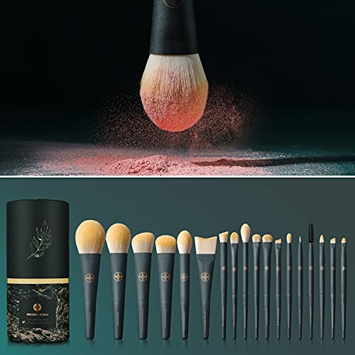 Collection of makeup brushes with soft bristles and a stylish holder.