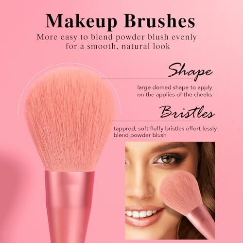 Makeup brush with pink bristles and a woman's face applying blush.