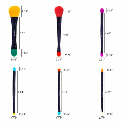 Set of six makeup brushes with measurements