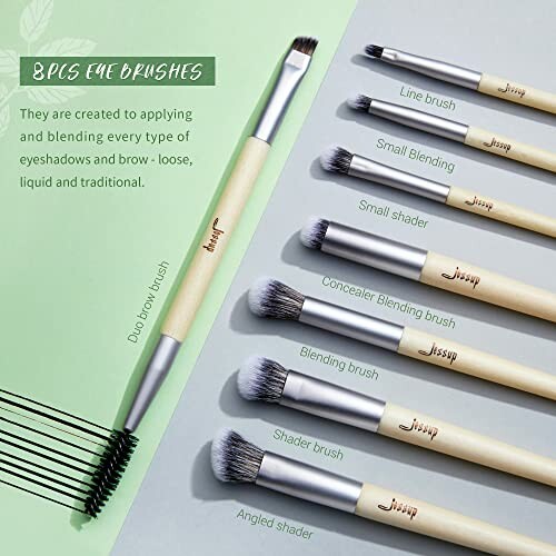 Set of 8 makeup eye brushes with different types and uses.