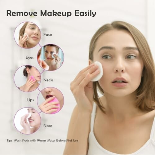 Woman using a pad to remove makeup, highlighting areas like face, eyes, neck, lips, and nose. 