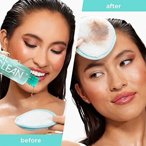 Woman using makeup remover pad showing before and after results.