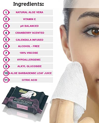 Woman using makeup remover wipes with listed ingredients.