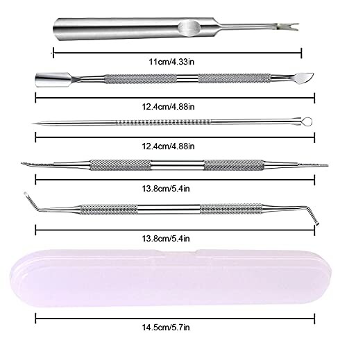 A set of manicure and pedicure tools with measurements and a storage case.