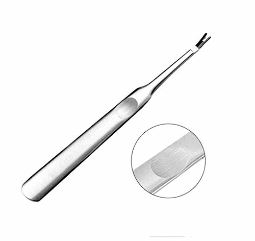 Metal cuticle pusher with a close-up view of the tip. Perfect for removing dead skin cells from your nails.