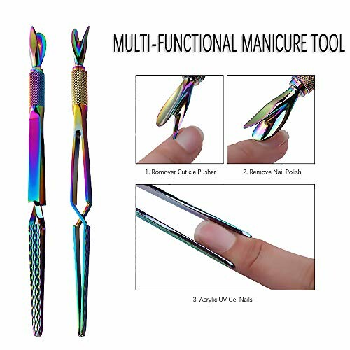 Multi-functional manicure tool with cuticle pusher and remover.