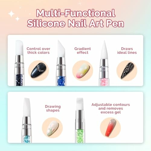 Multi-functional silicone nail art pen with various tips for different effects.