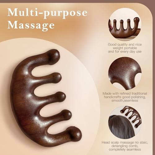 Multi-purpose massage tool with benefits and usage illustrations.