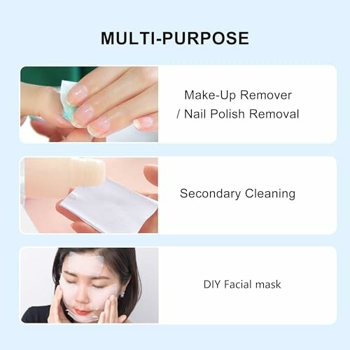 Steps for makeup removal, secondary cleaning, and DIY facial mask.