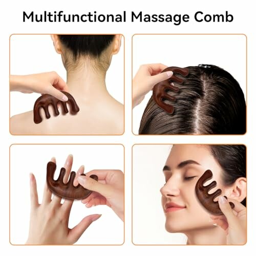 Four images showing the use of a multifunctional massage comb on neck, scalp, hand, and face.