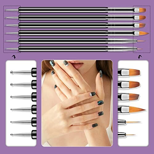 Nail art brush and dotting tool set with detailed view of hand-painted nails