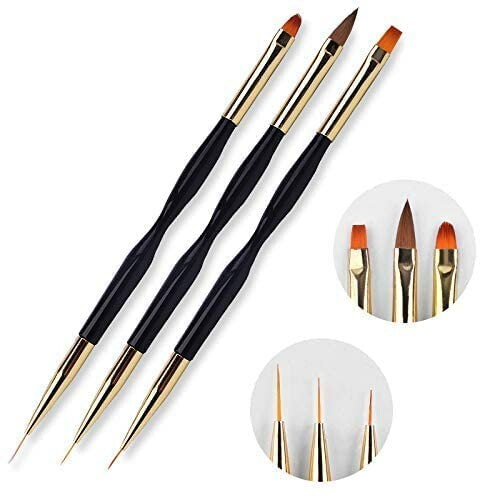 Set of three dual-ended nail art brushes with different tip shapes.