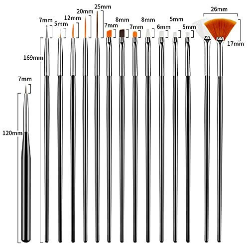 Set of various nail art brushes with different sizes and shapes.