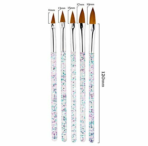 Set of five nail art brushes with glitter handles in varying sizes.