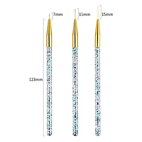 Set of three nail art brushes with different tip sizes, glitter handles, and measurement labels.