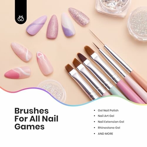 Nail art brushes and gel polishes on a table.