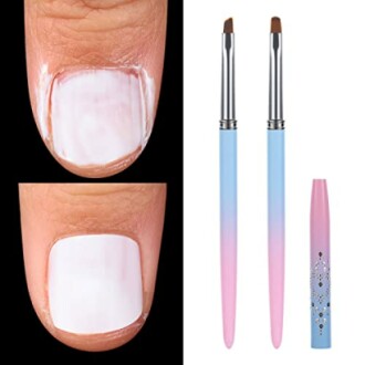 Nail design showing before and after with two nail art brushes.