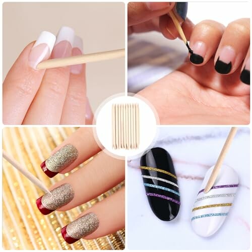 Various nail art designs using sticks, including French tips, glitter, and stripes.