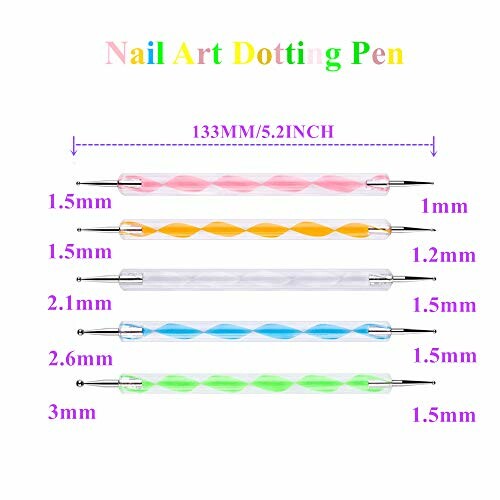 Set of colorful nail art dotting pens with different sizes.